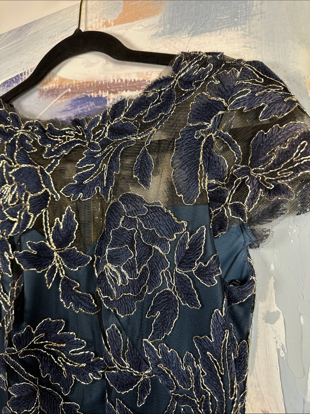 Tadashi Shoji Halona Dress Sz 4 Deep Teal Blue Green Floral Gold Lace SMALL 4 - Picture 11 of 13